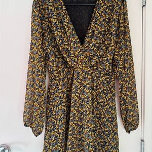 Zara Black and Yellow Long Sleeve Wrap Sundress